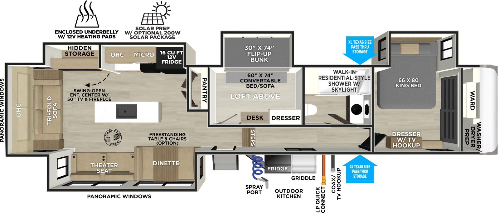 The Heritage Glen Fifth Wheels 369BL has one entry and four slide outs. Exterior features include: fiberglass exterior, 11'6" & 17' awning and outside kitchen. Interiors features include: bunk beds, loft, kitchen island, free-standing dinette option, front bedroom and rear living.